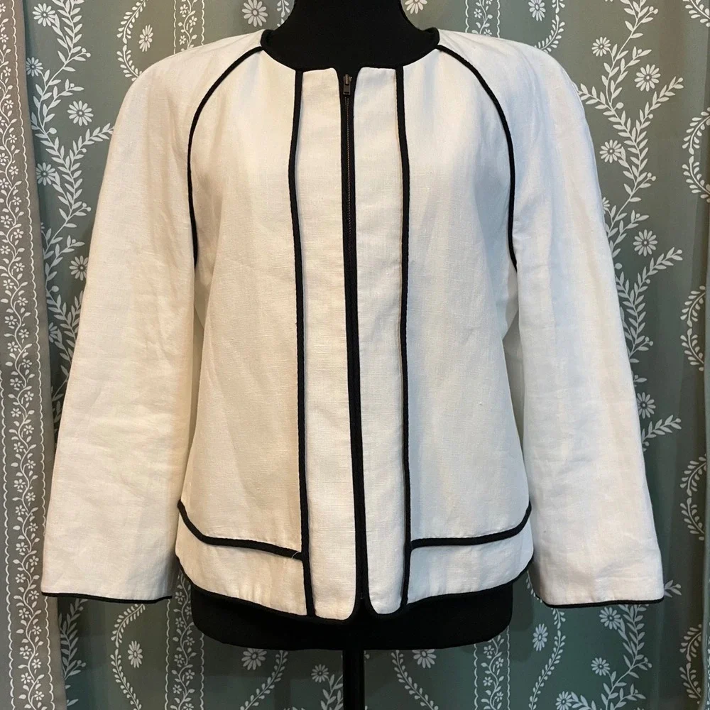NEW J.Crew Linen Blazer Jacket White Black Piping‎ Zip Front 3/4 Sleeve Sz 12